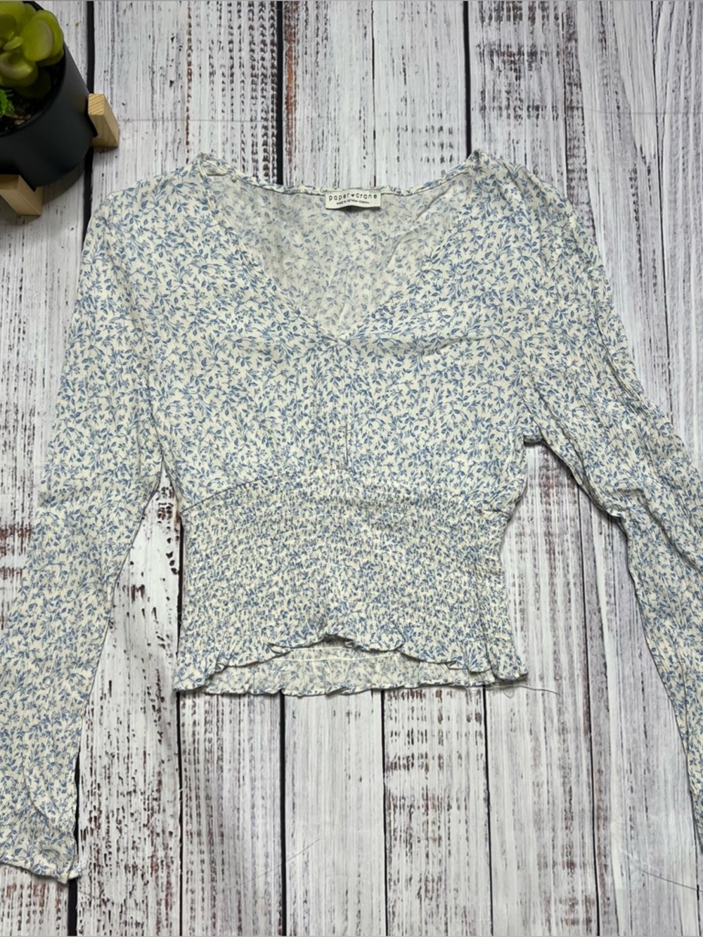 Paper Crane Light Blue Floral Smocked Long Sleeve Top
